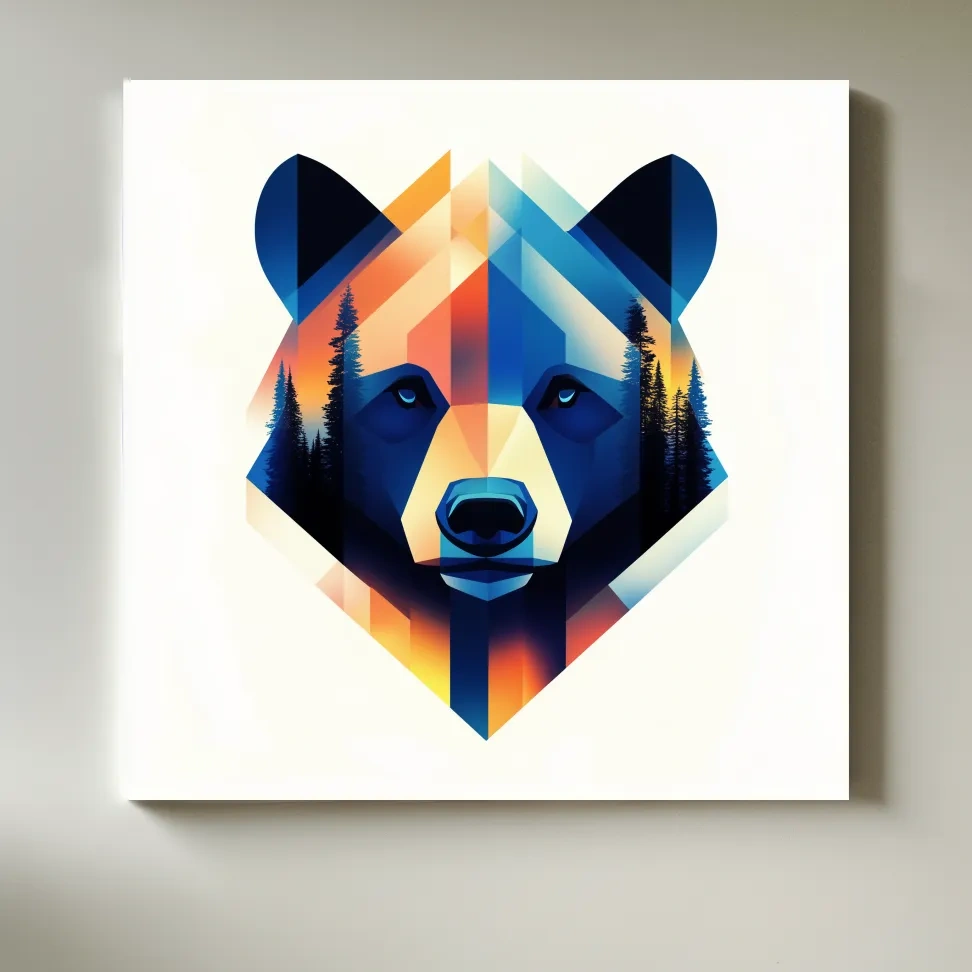 Colorful bear head illustration print, double exposure forest wall art