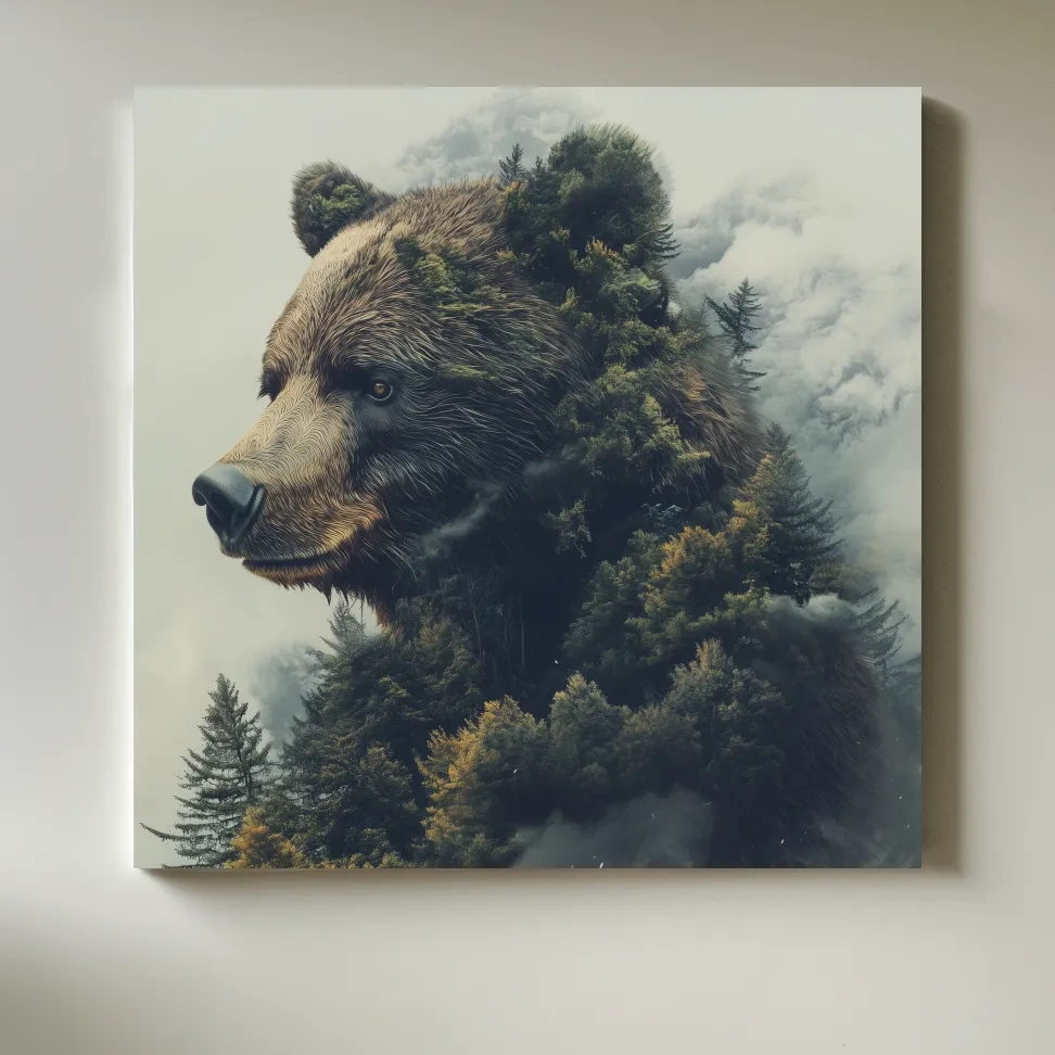 Surreal wall art, a grizzly bear morphing from a forest