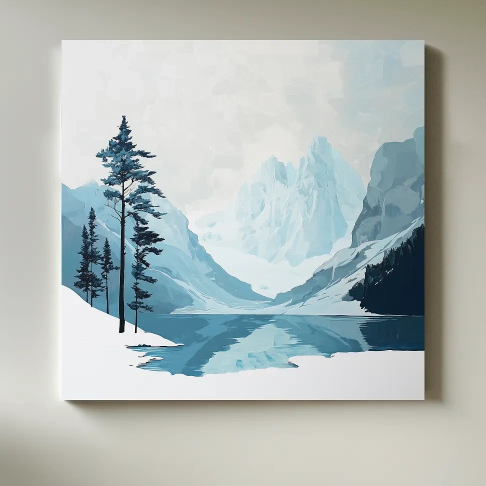 Minimalist Icy Mountain Lake - Scandinavian Winter Landscape Artwork