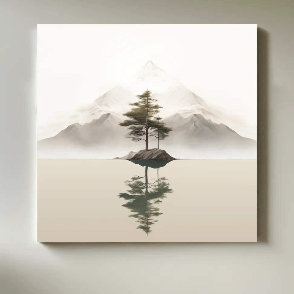 Minimal mountain art, tree reflecting on a lake