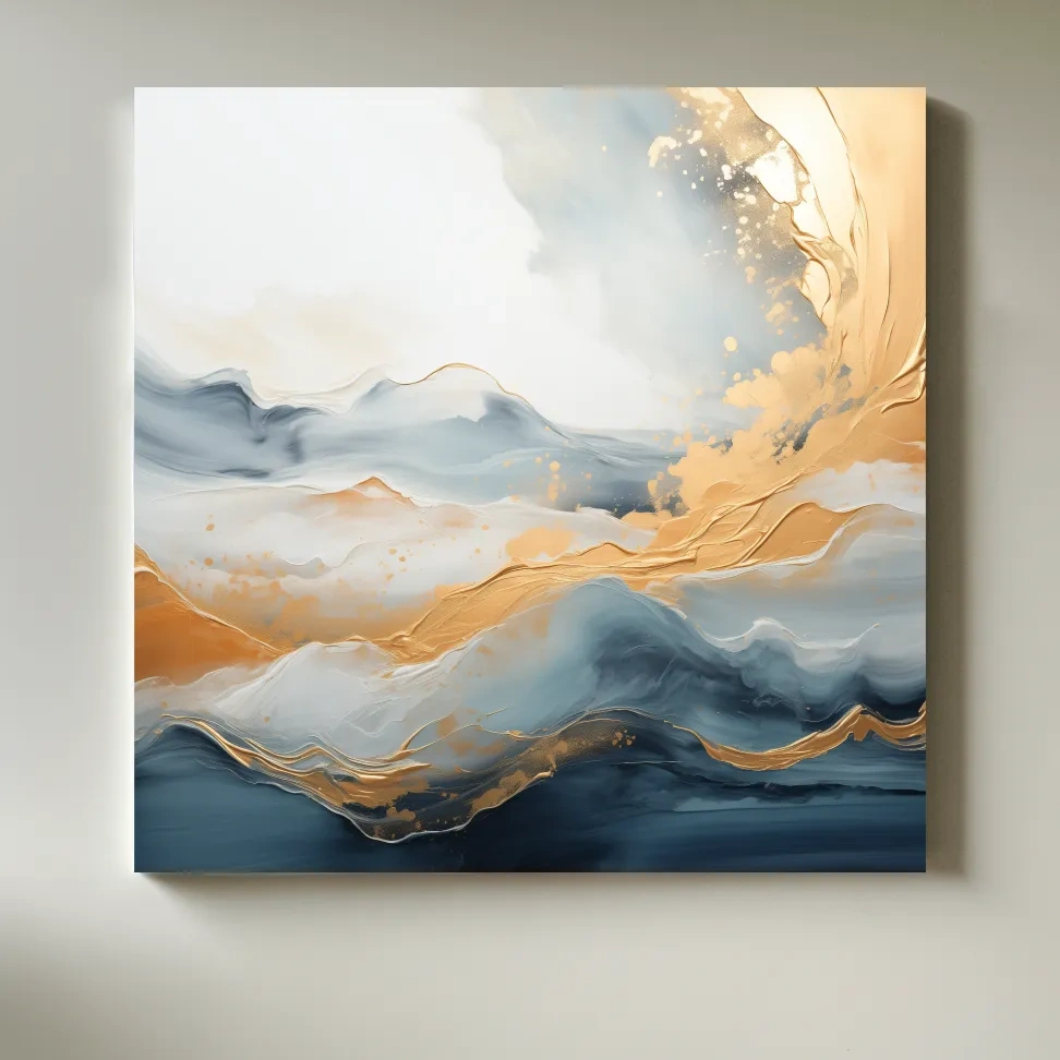 Fluid Abstract Blue And Gold Mountain Landscape - Modern Mixed Media Wall Art