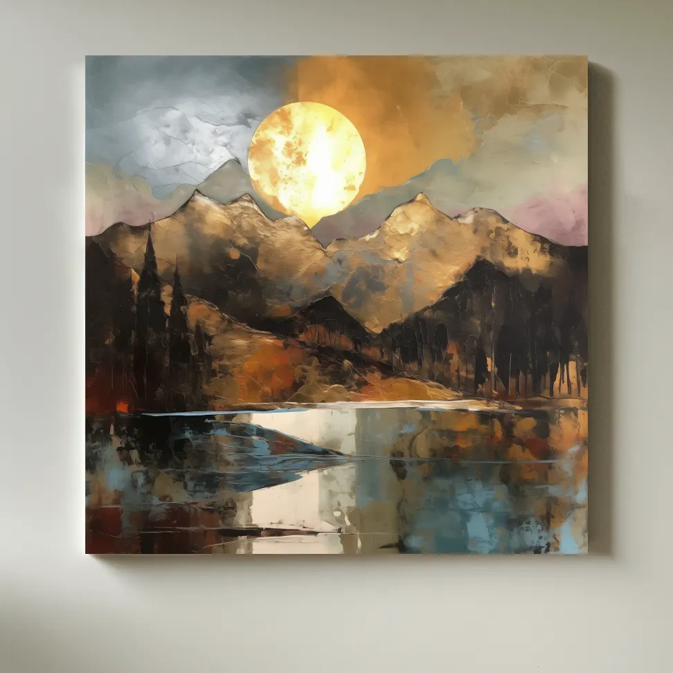 Golden mountain sunset artwork, gold leaf textured style landscape wallart