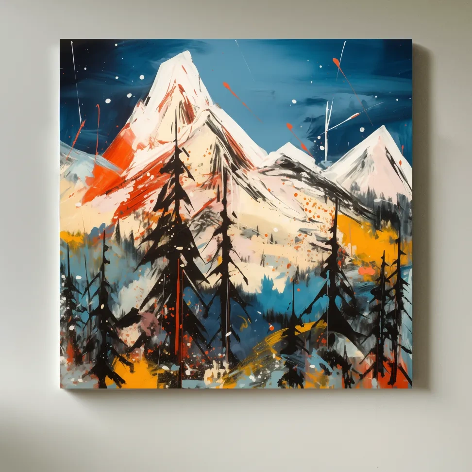 Mountain sunset artwork, vivid abstract colors with splattered paint effect