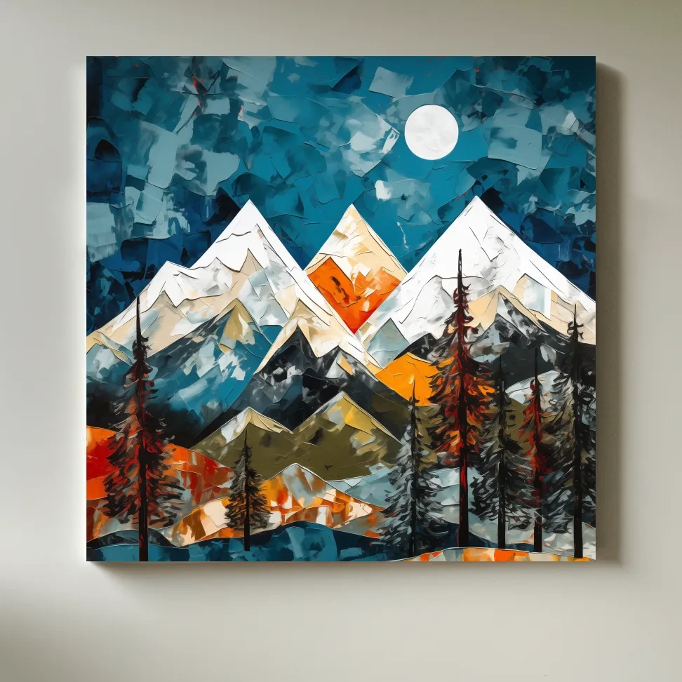 Bold thick impasto oil painting effect, trees and snow capped mountains