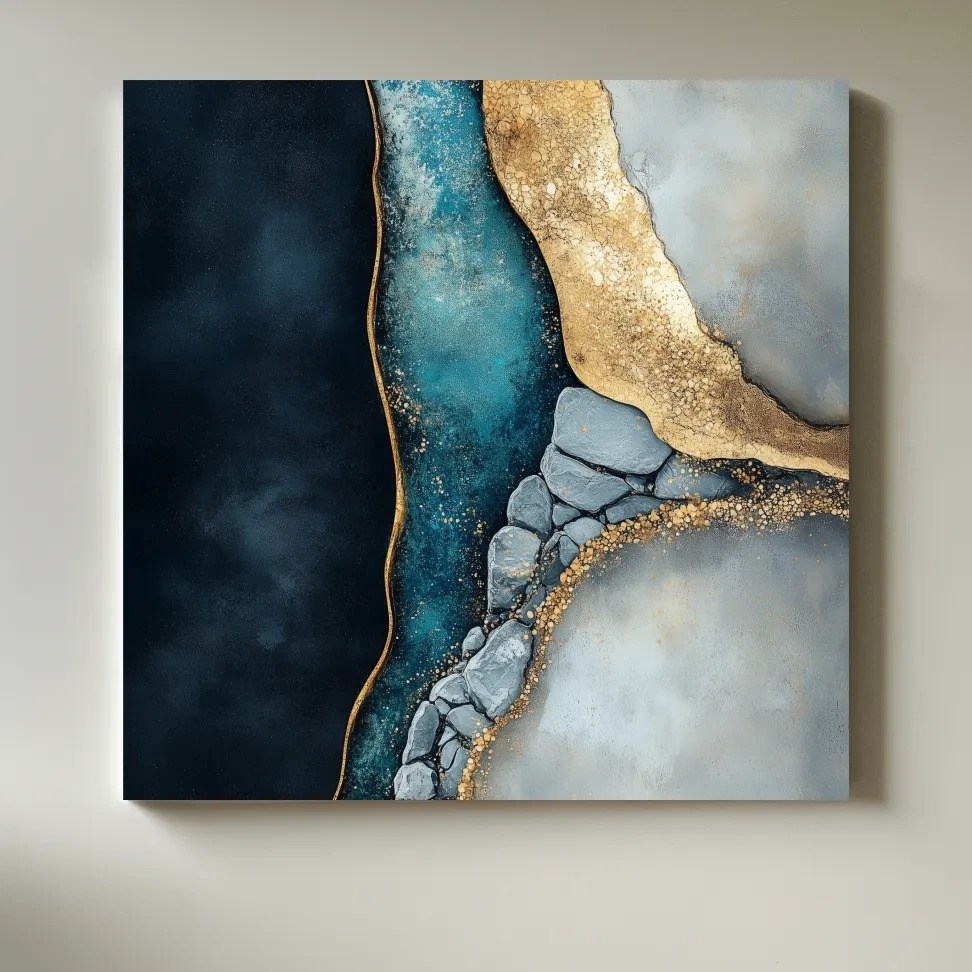 Elegant abstract riverbed rock artwork, natural flowing modern wall art