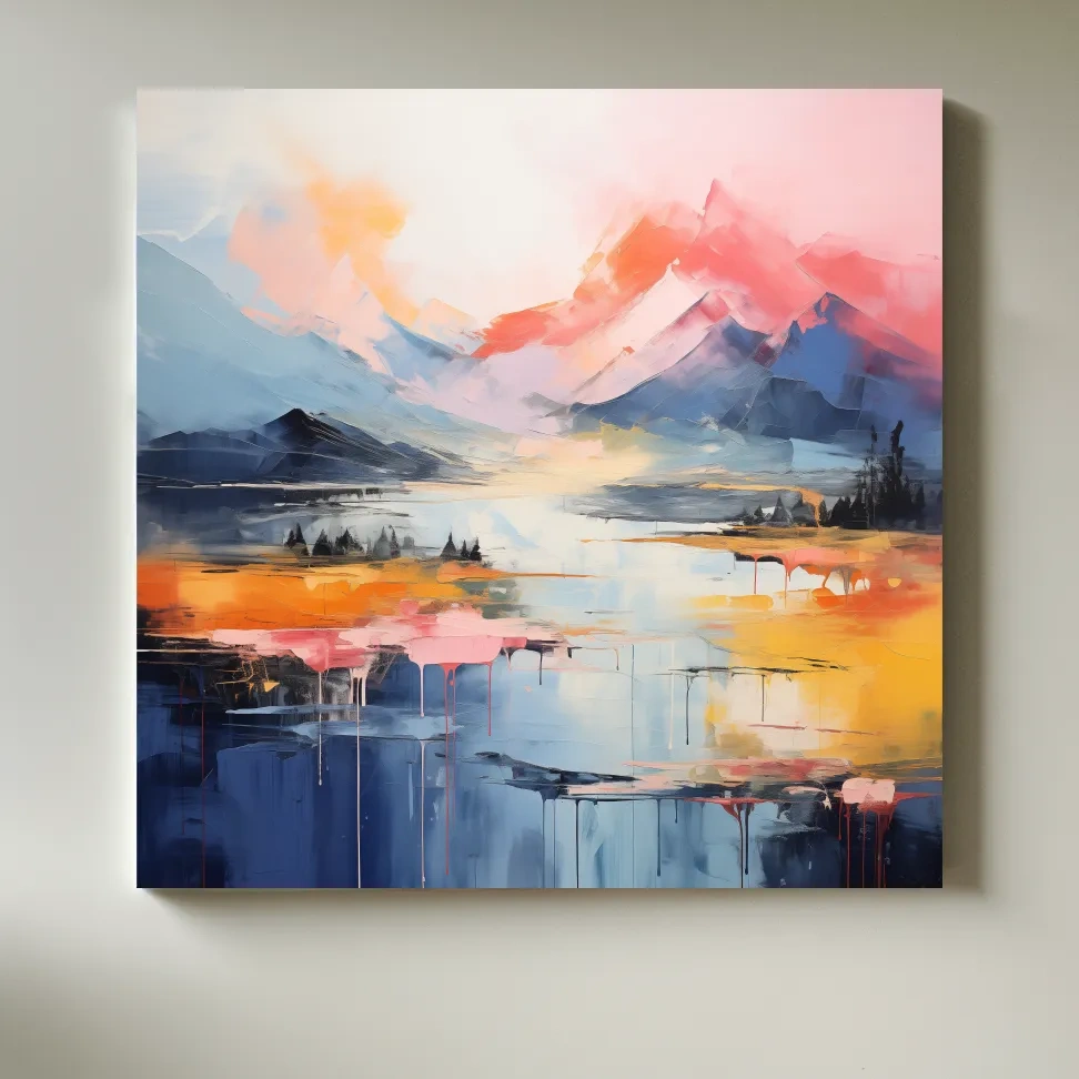 Abstract mountain landscape artwork, vibrant colors in oil painting style