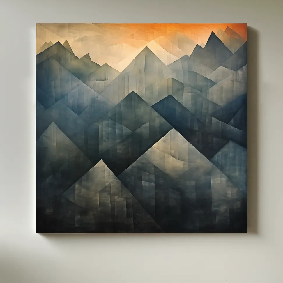 Abstract geometric mountain wall art, gradient shades with warm sunset sky