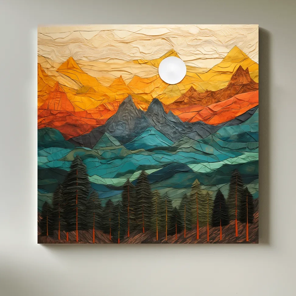 Papre mache style art of an alpine landscape at sunset