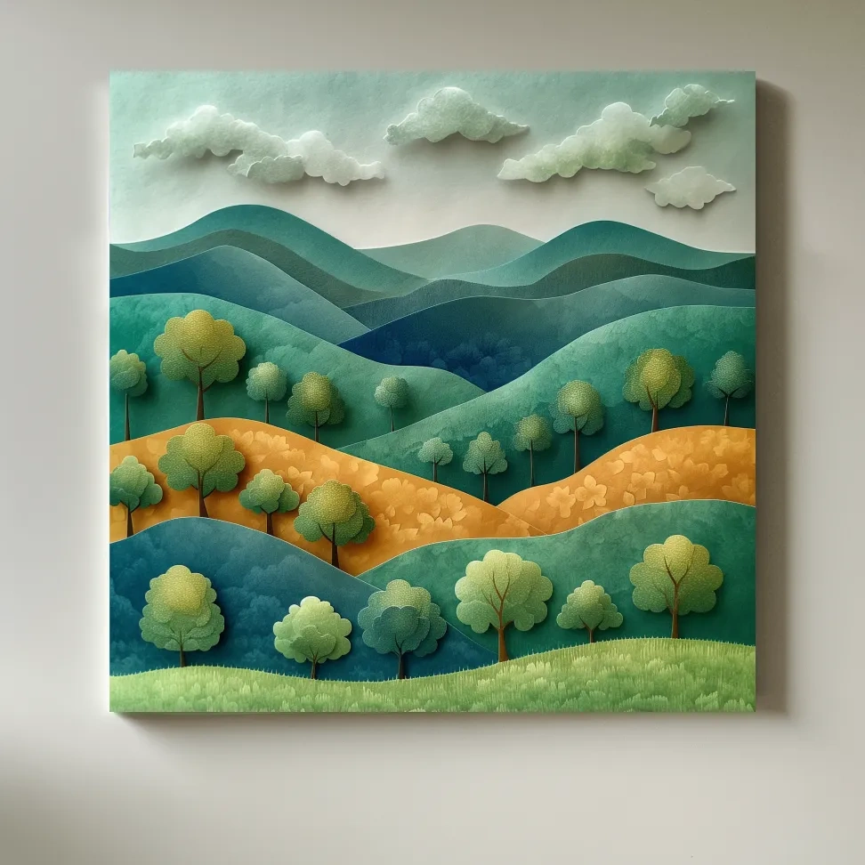 Whimsical Paper Cut Forest Hillscape - Layered 3D Mountains Landscape Wall Art