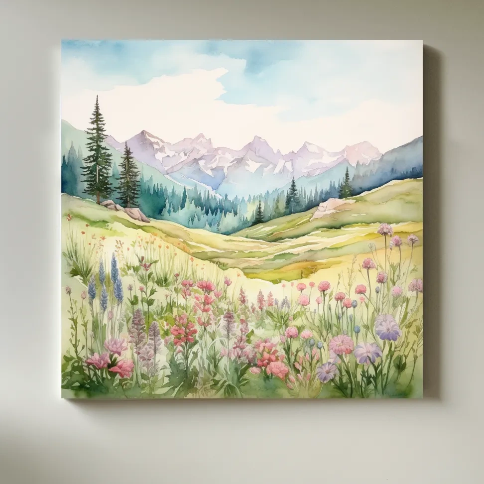 Alpine Meadows Wildflower Watercolour - Pastel Mountains Landscape Wall Art