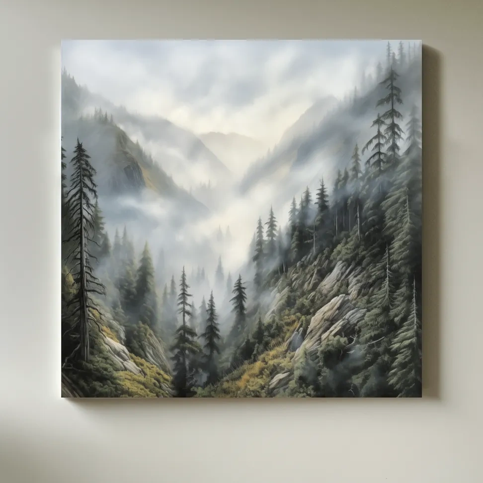 Misty Mountain Valley Pine Forest Painting - Foggy Alpine Landscape Wall Art