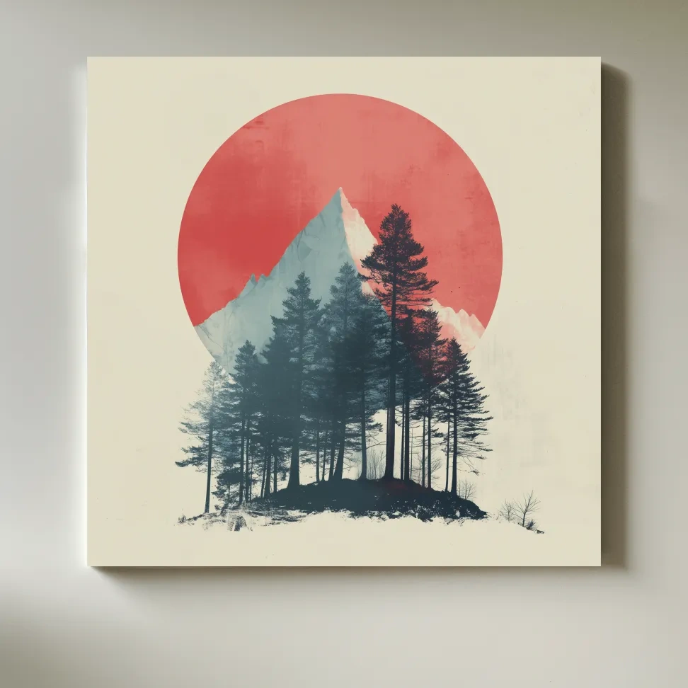Minimalist Mountain Peak Pine Forest - Scandinavian Sunset Landscape Wall Art