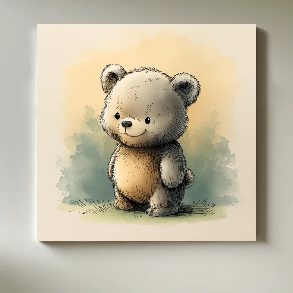 Cute Watercolor Teddy Bear Illustration - Whimsical Nursery Animal Wall Art