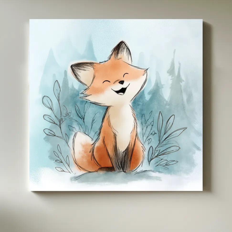 Whimsical Watercolor Fox Cub Illustration - Cute Woodland Nursery Wall Art