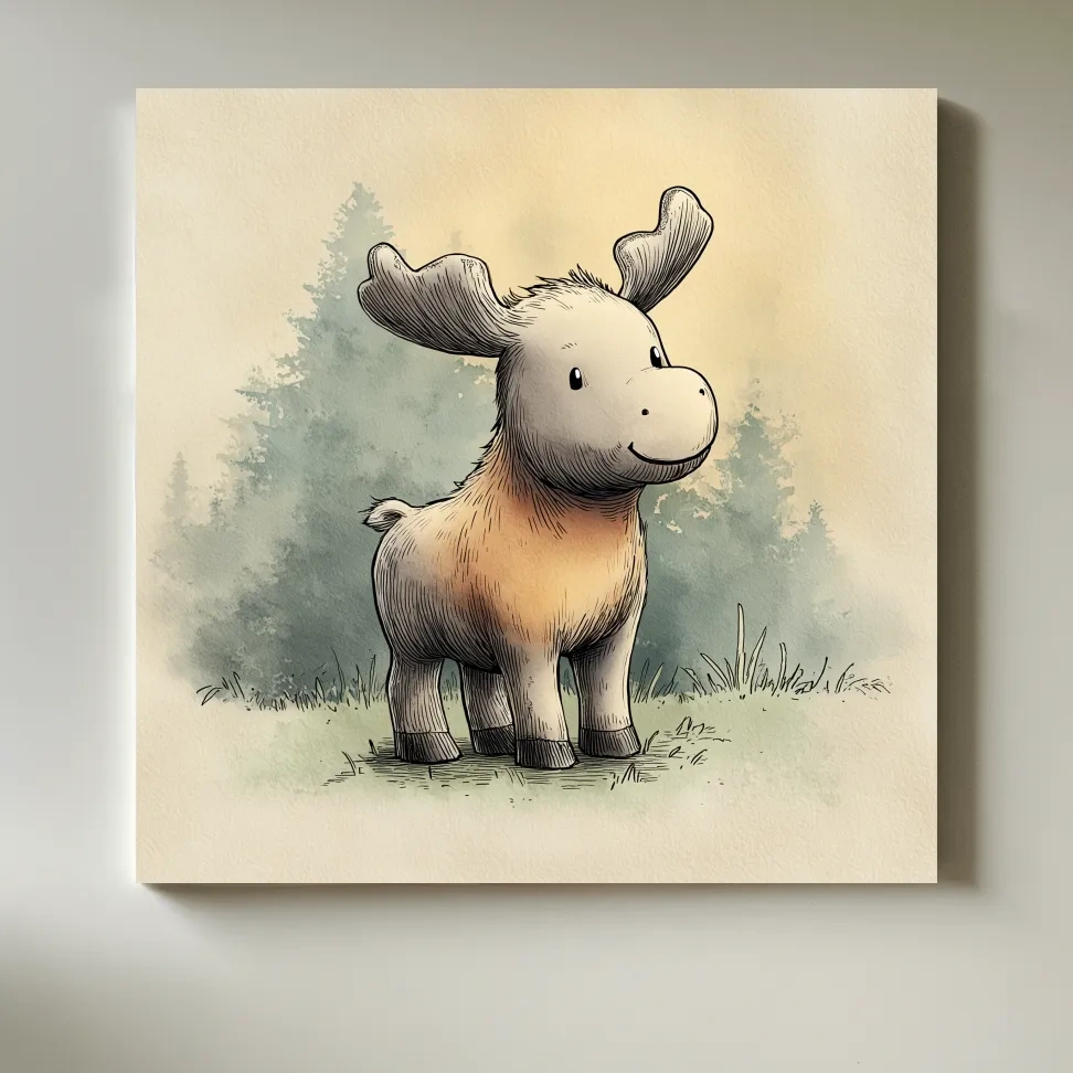 Cute Baby Moose Watercolor Illustration - Woodland Nursery Animal Wall Art