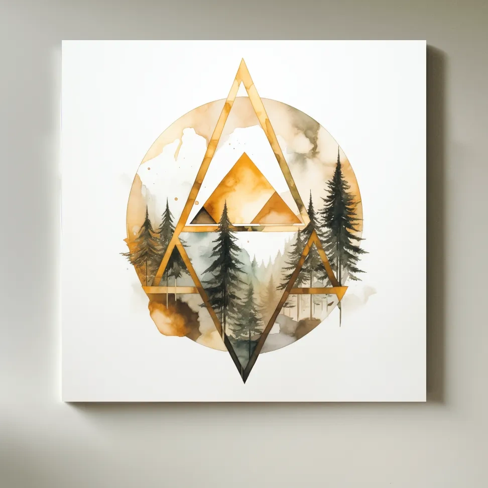Rustic Elegant Watercolor Mountain Pine Forest - Abstract Golden Geometric Nature Wall Art
