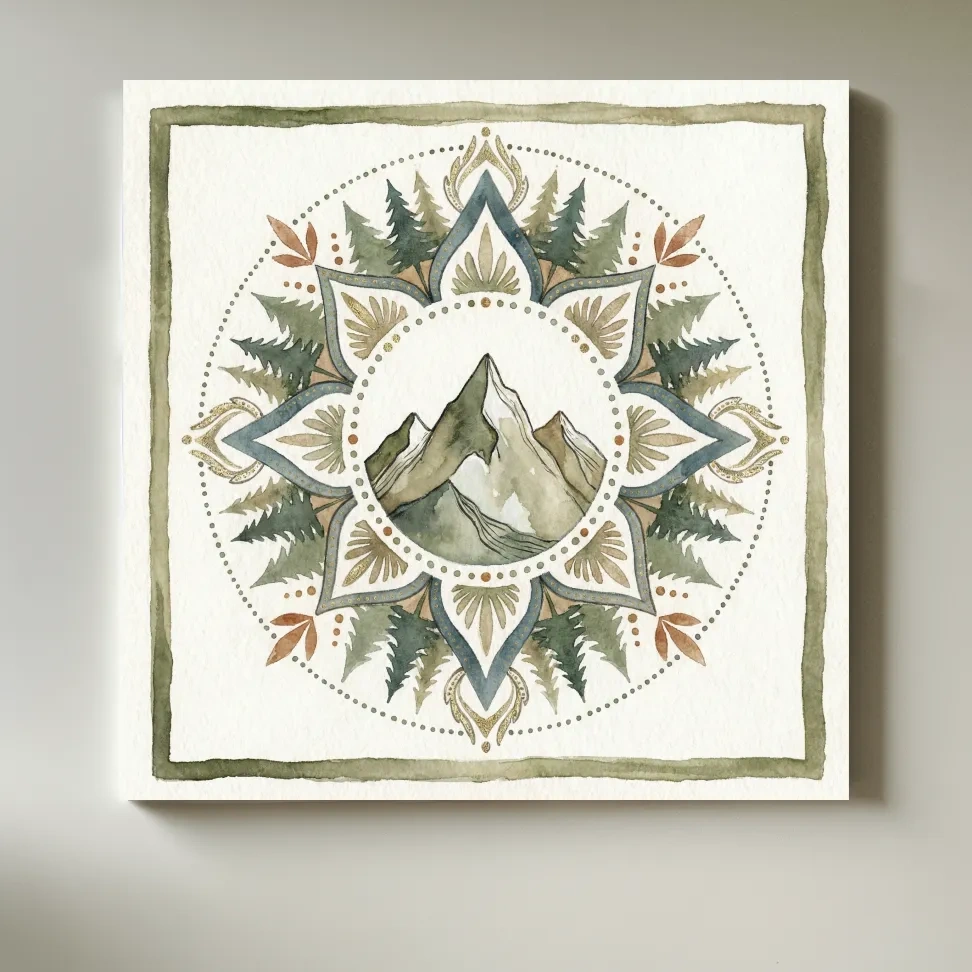Mountain Mandala Watercolor - Boho Botanical Nature Wall Art