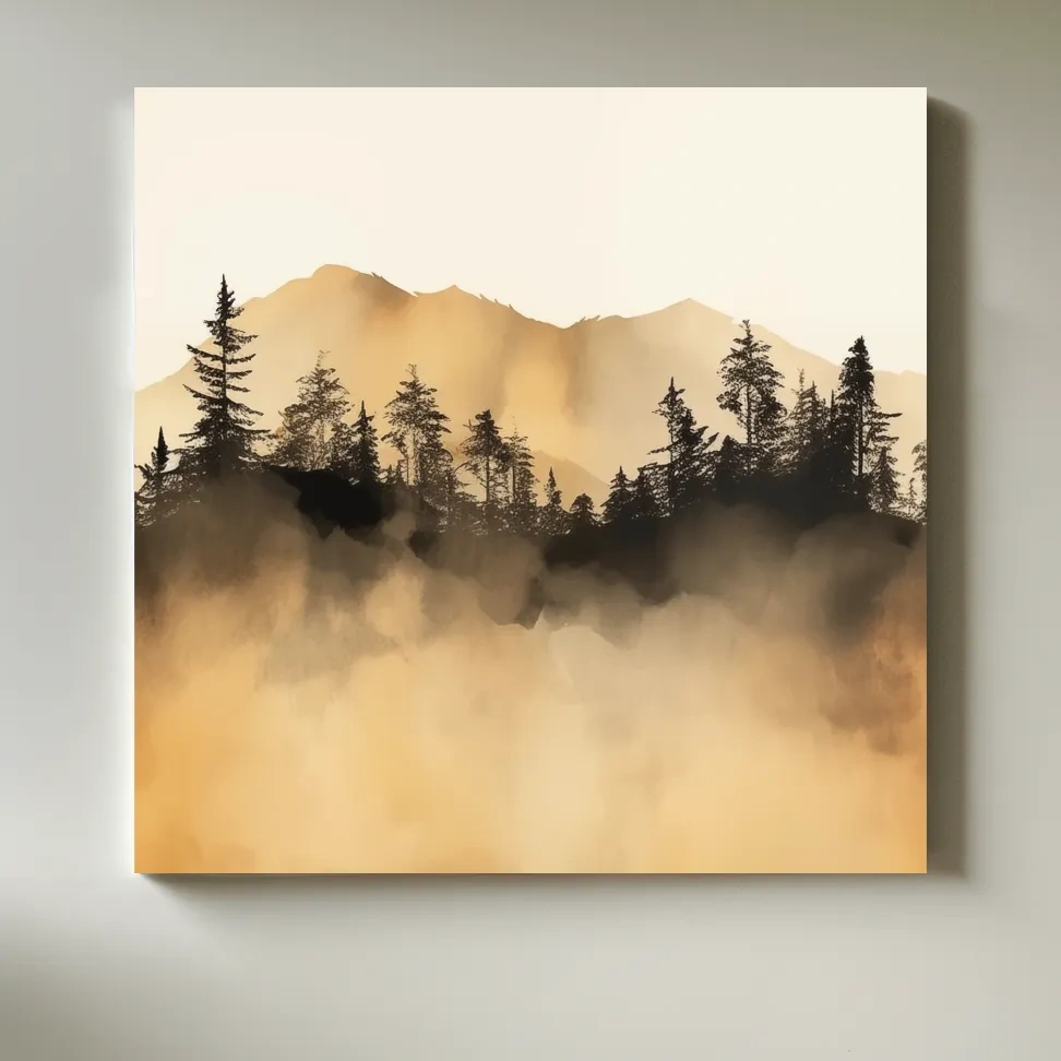 Misty Golden Mountain Pine Forest - Sepia Watercolor Landscape Wall Art