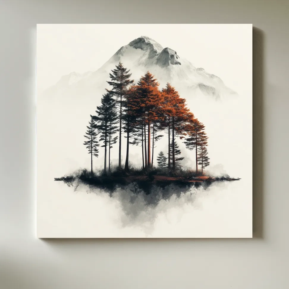 Misty Mountain Pine Forest Watercolor - Autumn Landscape Wall Art