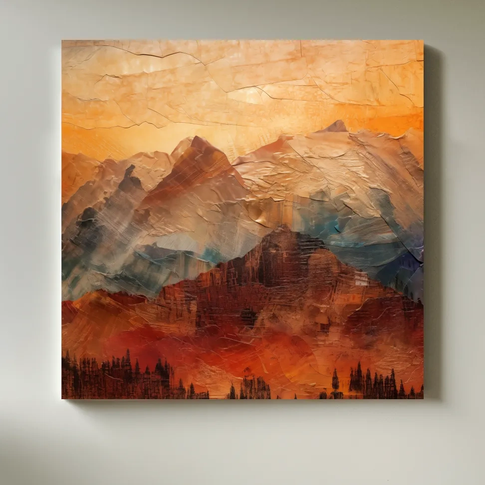 Impasto Style Abstract Mountain Range Sunset - Warm Rustic Landscape Wall Art