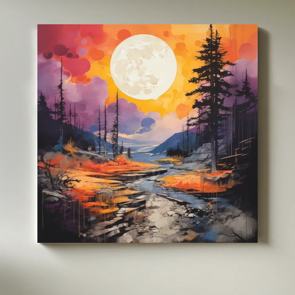 Vibrant River Valley Landscape Illustration - Abstract Sunset Forest Wall Art