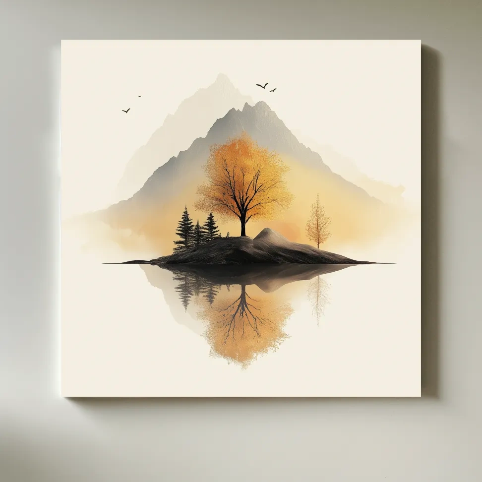 Minimalist Misty Mountain Lake Illustration - Serene Autumn Tree Landscape Wall Art