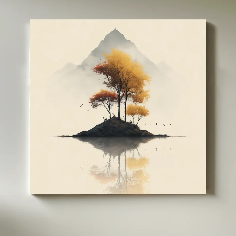 Minimalist Autumn Trees On Misty Lake Island - Serene Mountain Landscape Wall Art