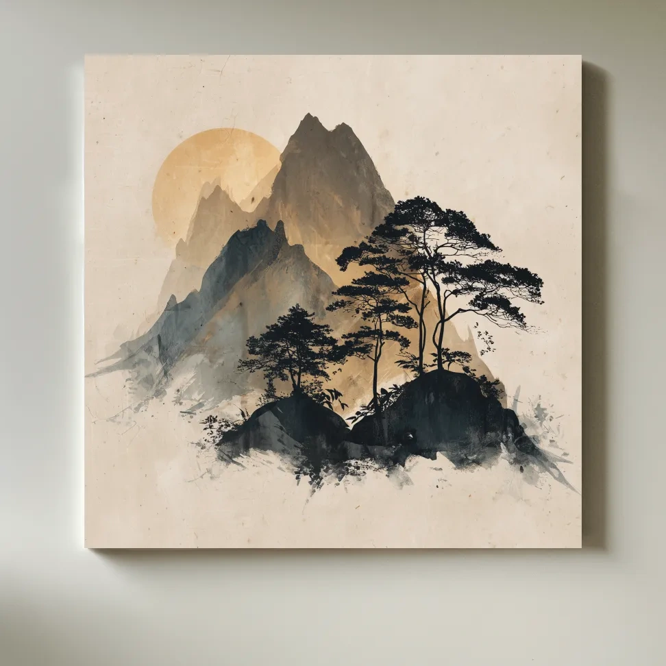Zen Ink Wash Mountain Sunrise - Minimalist Japanese Pine Landscape Wall Art