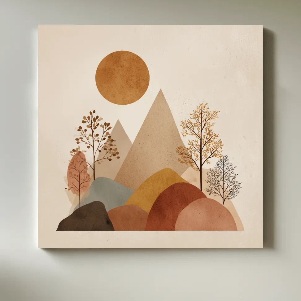 Minimalist Scandi Mountain Sunset Landscape - Boho Neutral Earth Tone Wall Art