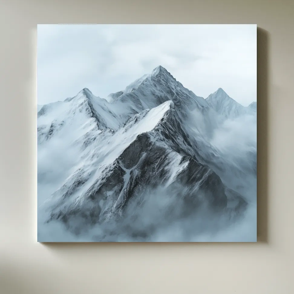 Misty Snowcapped Alpine Peak Landscape - Monochrome Photographic Mountain Wall Art