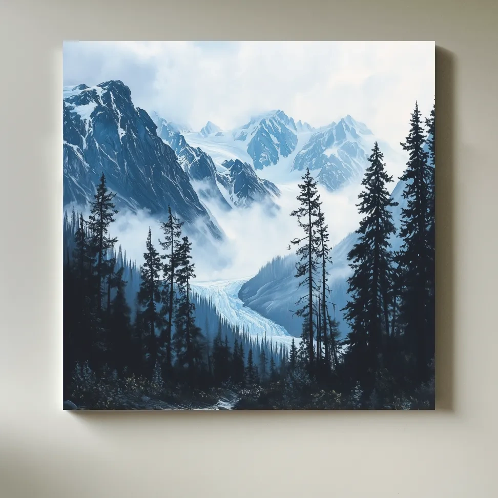 Misty Alpine Glacier Valley Landscape - Moody Mountain Forest Wall Art
