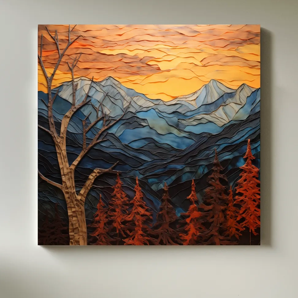 Layered Paper Cut Alpine Mountain Sunset - Mixed Media 3D Landscape Wall Art
