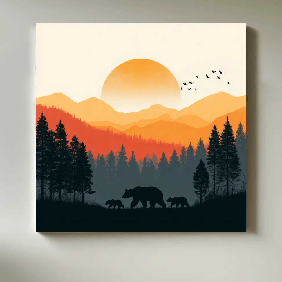 Sunset Mama Bear & Cubs Silhouette - Wildlife Forest Landscape Wall Art