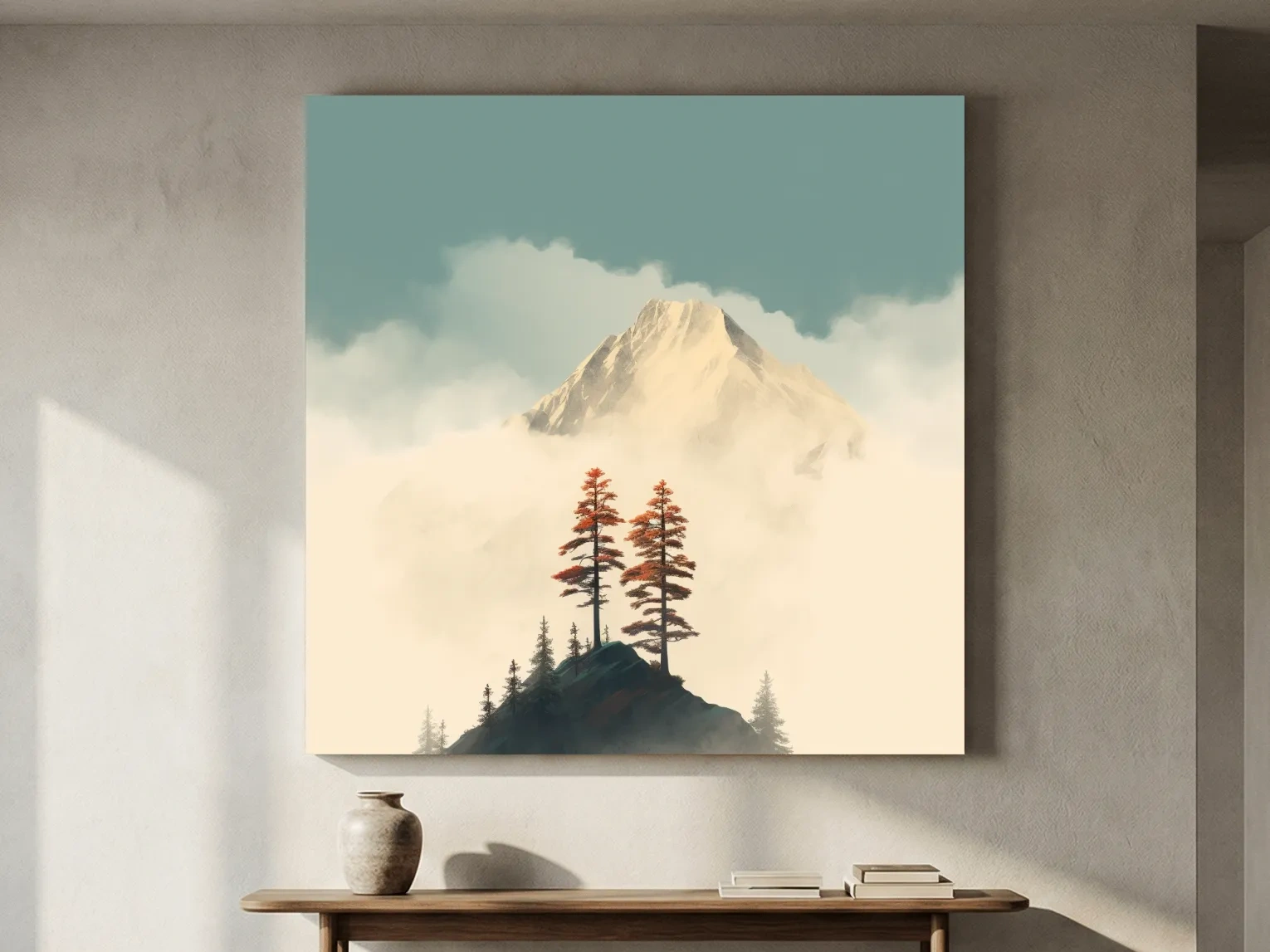 Misty Alpine Peak With Autumn Pines - Minimalist Mountain Artwork
