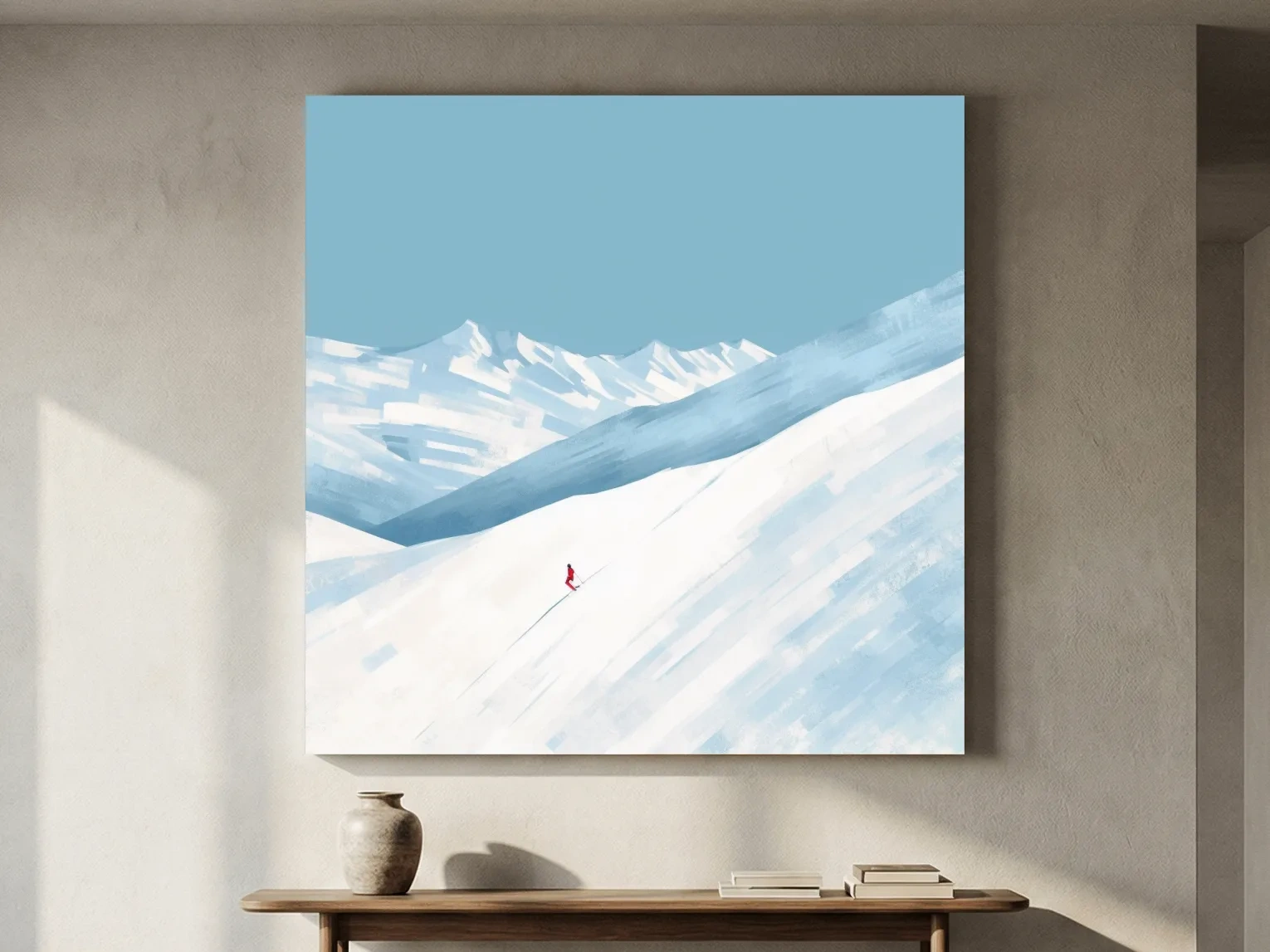 Minimalist Snowy Mountain Skier Painting - Alpine Winter Wall Art