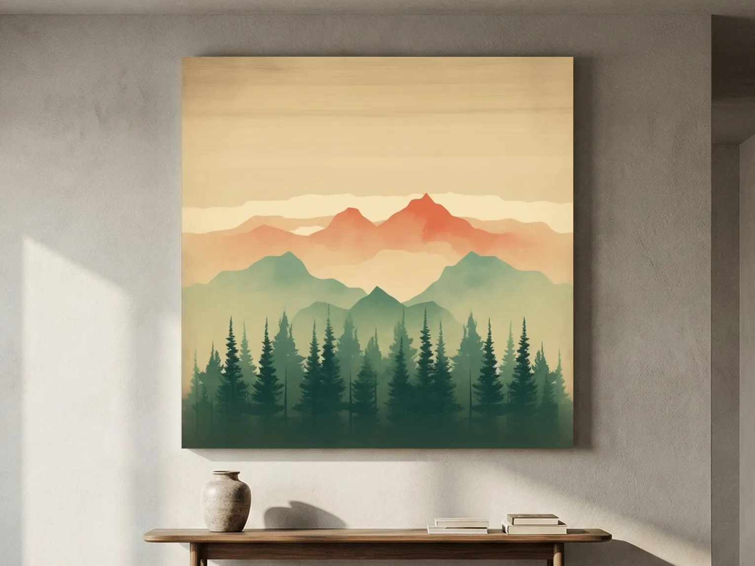 Misty Watercolor Mountain Range Sunrise - Pine Forest Landscape Artwork