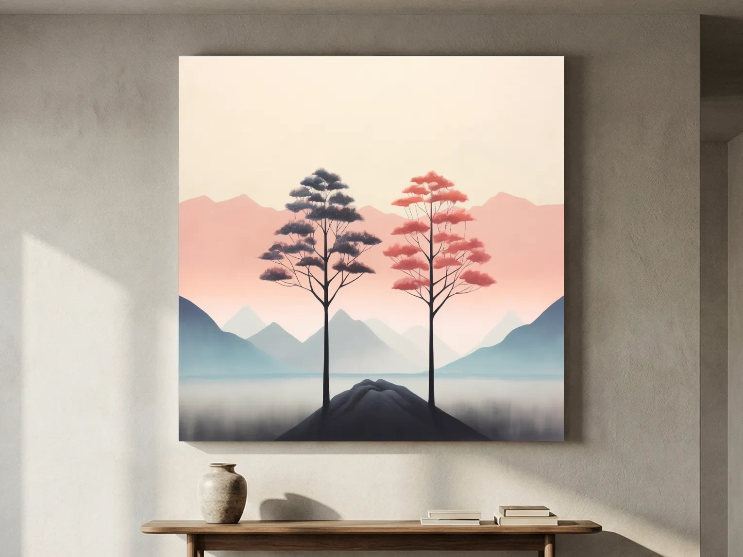 Minimalist Twin Pine Trees Landscape - Serene Pastel Mountain Lake Wall Art
