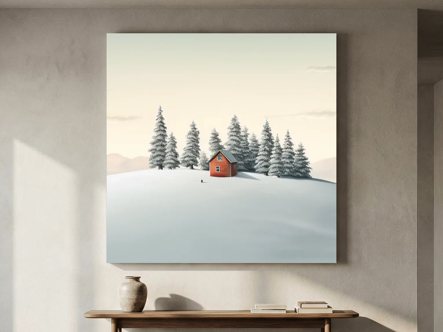 Minimalist Snowy Cabin In Pine Forest - Serene Winter Landscape Wall Art