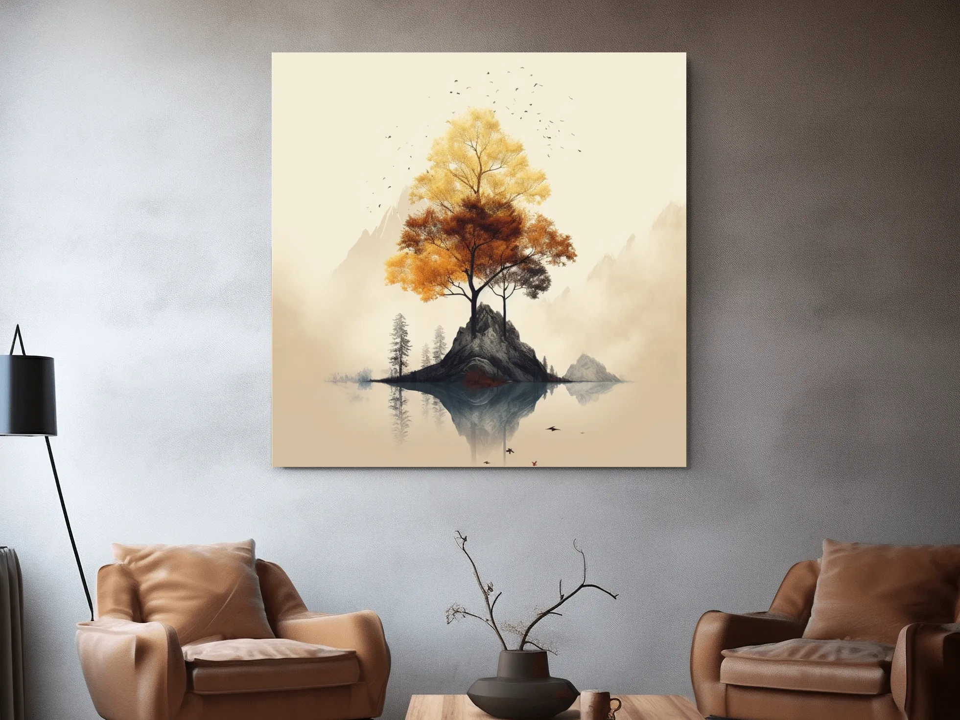 Golden Autumn Tree Island Landscape - Minimalist Watercolor Nature Wall Art