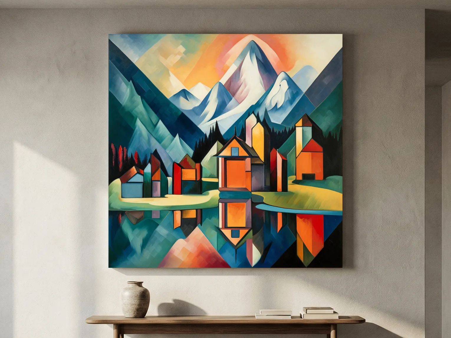 Colorful Geometric Alpine Village Lake Painting - Modern Abstract Mountain Wall Art