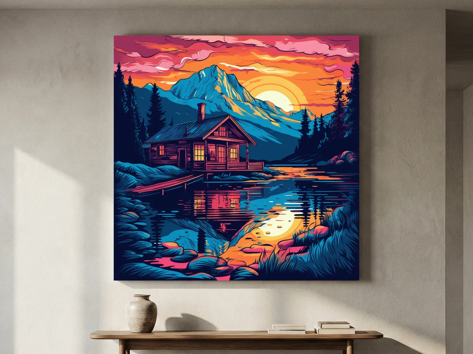 Vibrant Retro Alpine Lake Cabin Sunset - Vector Mountain Wall Art