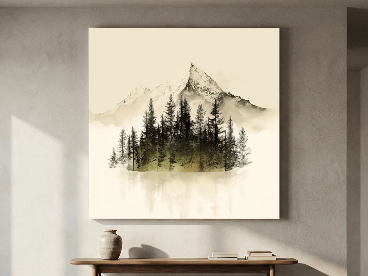 Misty Alpine Mountain Pine Forest Artwork - Minimalist Landscape Wall Art