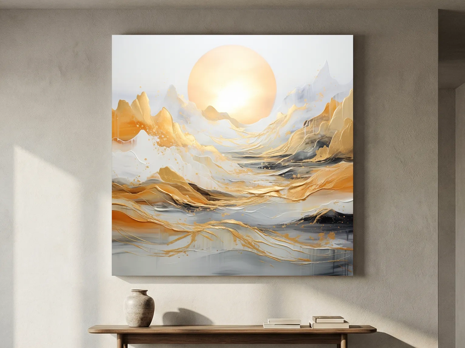 Abstract Golden Sunrise Mountain Landscape - Modern Golf Leaf Style Wall Art