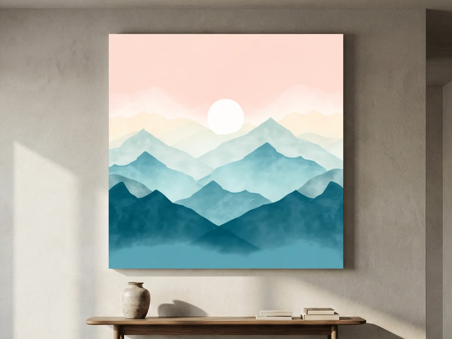 Minimalist Watercolor Misty Mountain Sunrise - Pastel Alpine Landscape Wall Art