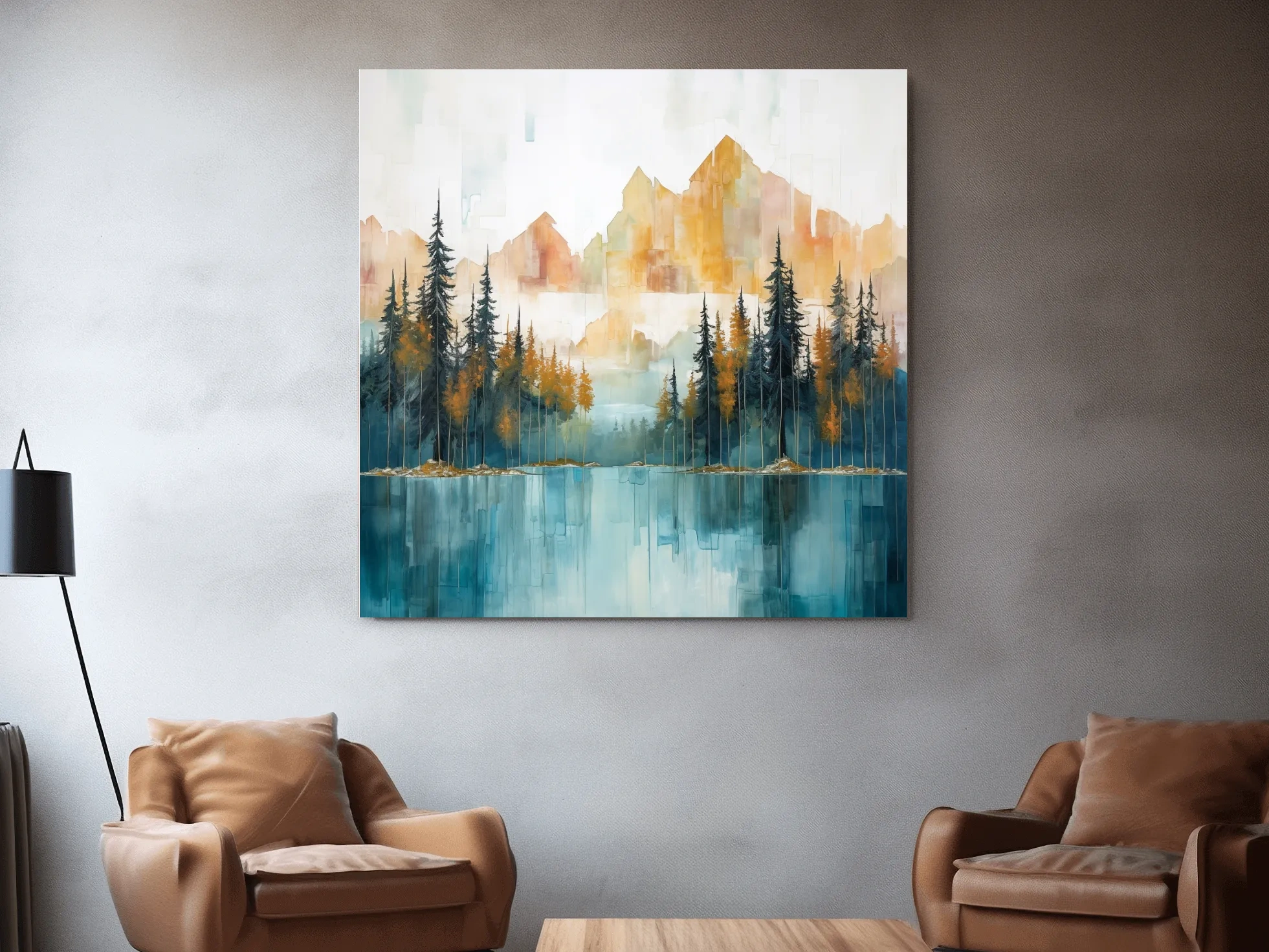 Abstract Watercolor Alpine Lake Reflection - Misty Mountain Forest Wall Art