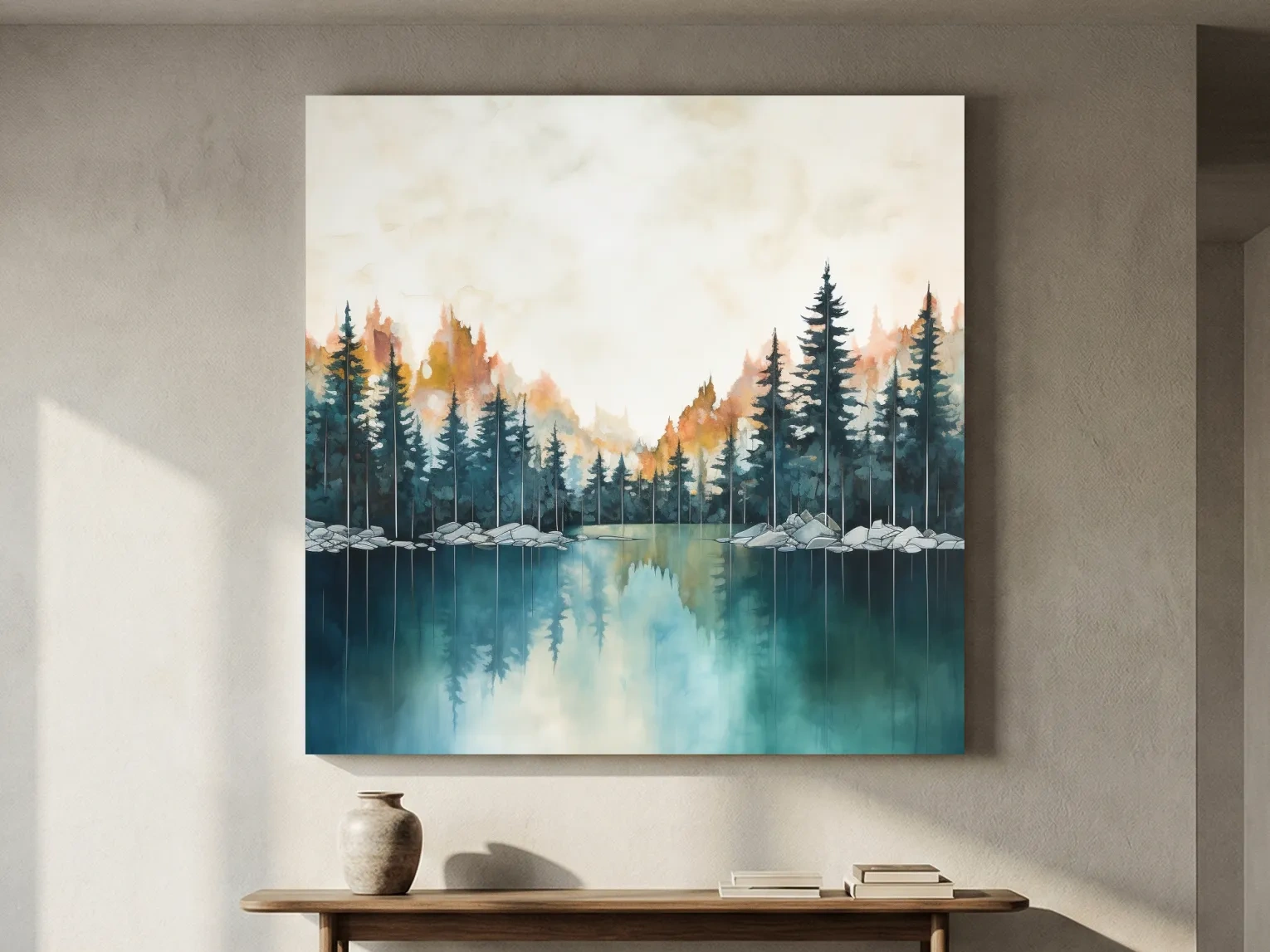 Misty Forest Lake Watercolor Painting - Serene Landscape Wall Art