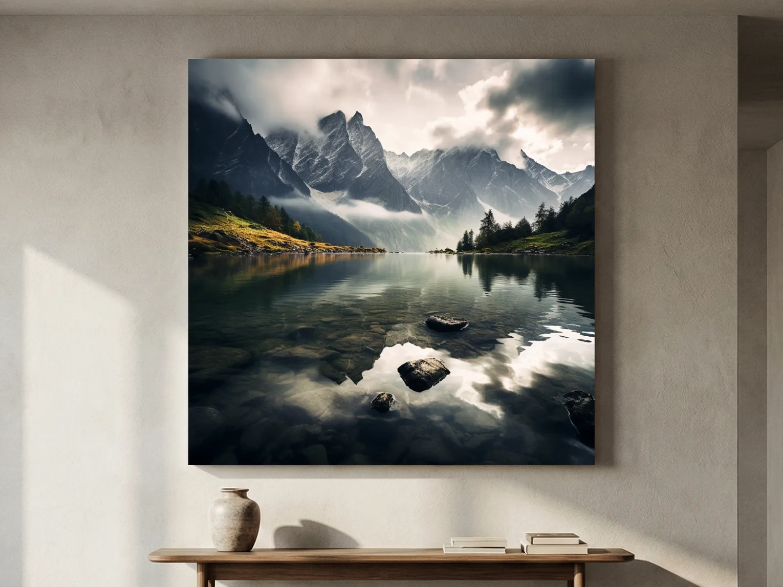 Photographic art, dramatic clouds over an alpine lake