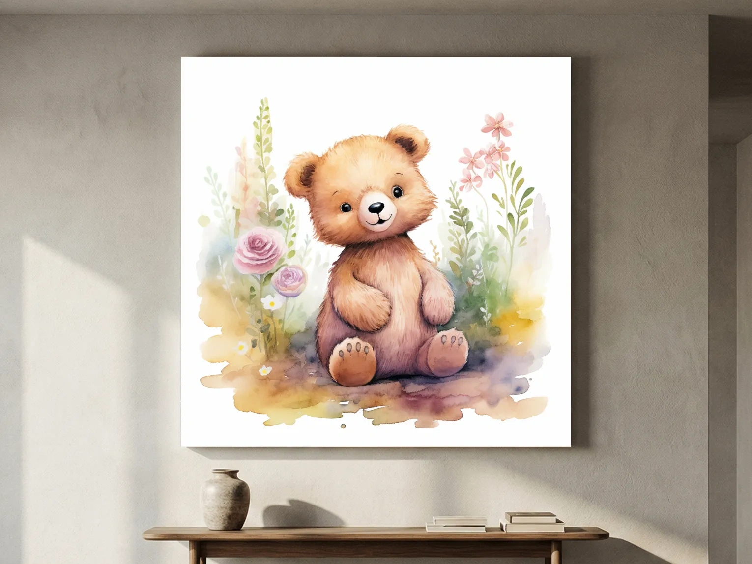 Cute Watercolor Teddy Bear With Pastel Flowers - Nursery Animal Wall Art
