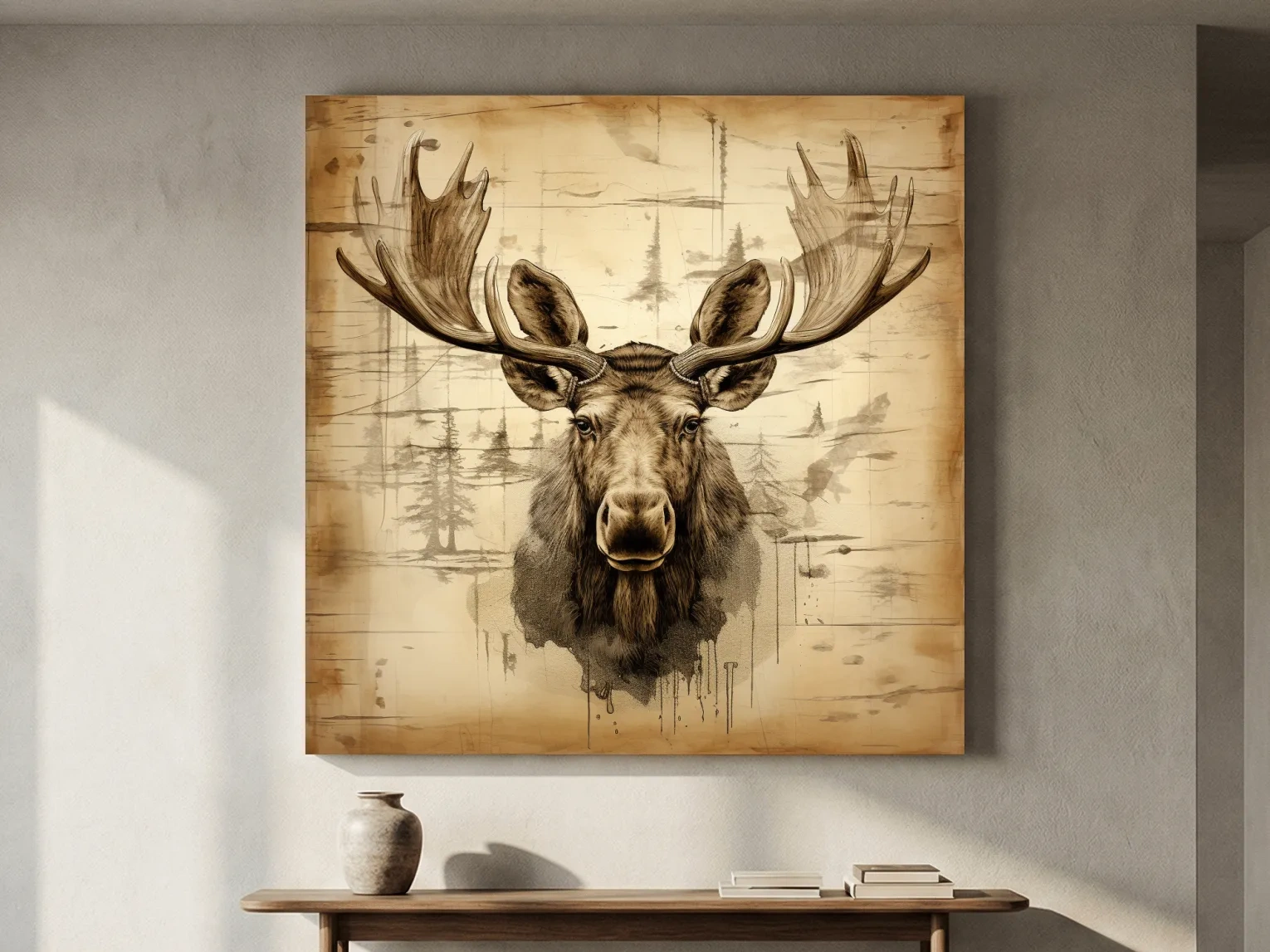 Rustic Sepia Moose Portrait Sketch - Vintage Lodge Wildlife Wall Art