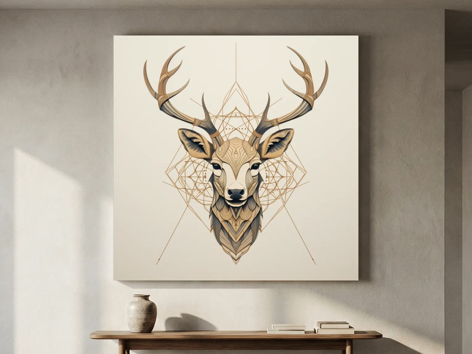 Geometric tattoo style illustration of a deer head